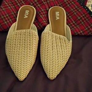 MIA Beige Woven Pointed-Toe Slip-On Mules